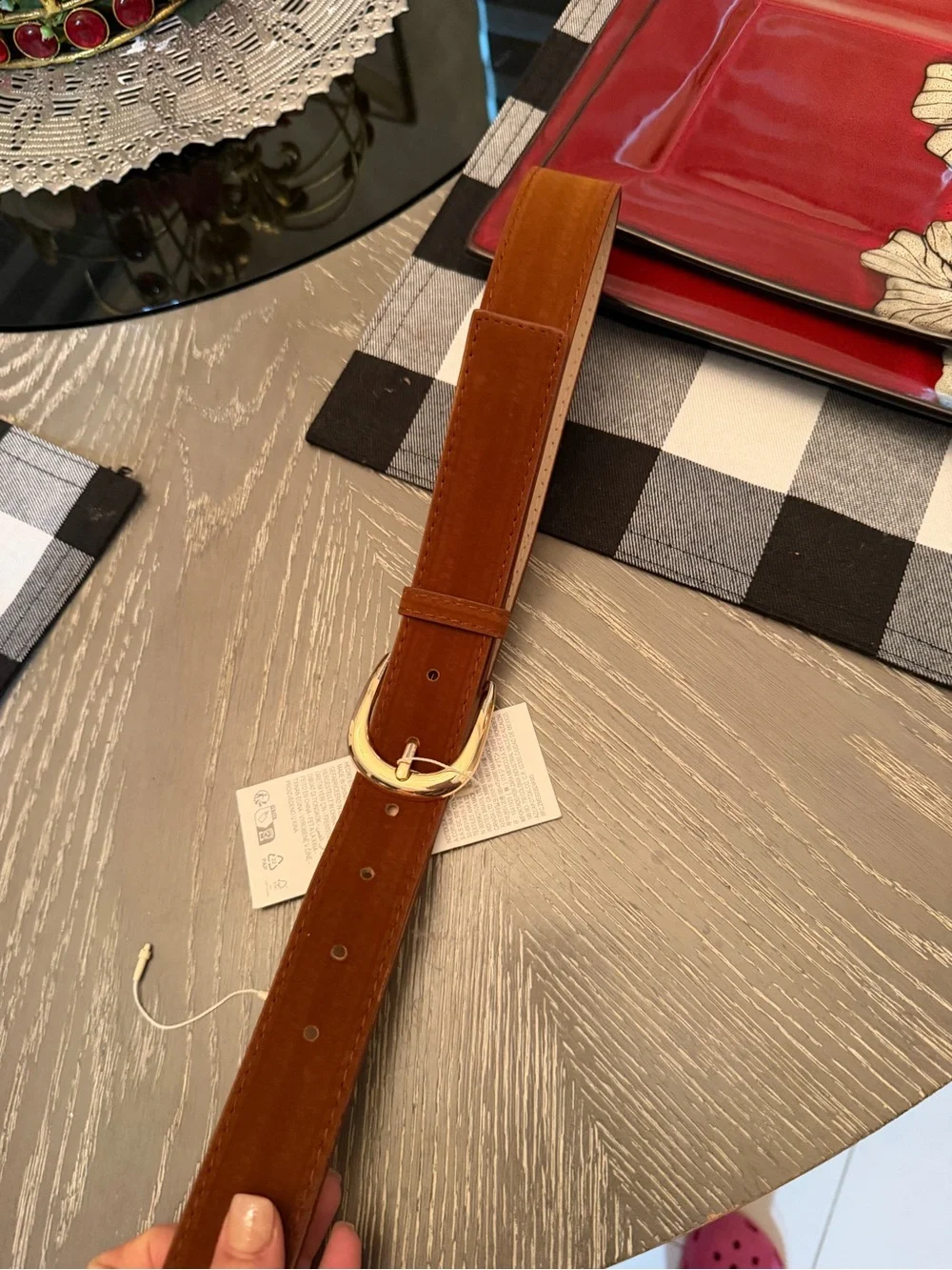Zara Tan/Brown Leather Belt with Gold-Tone Buckle